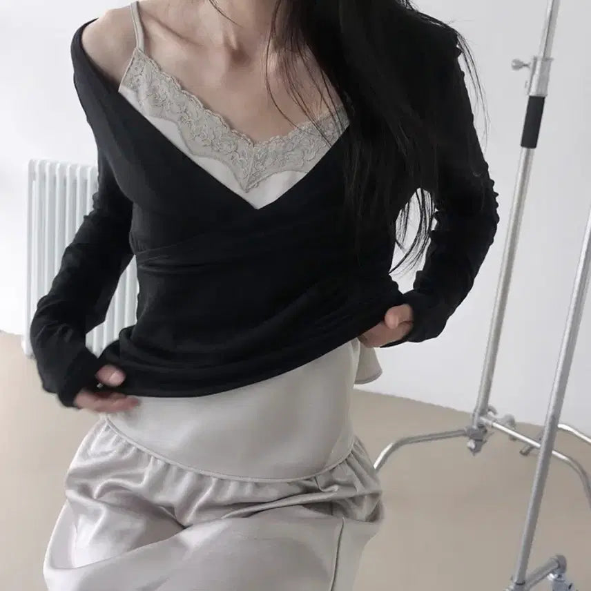 [BUNJANG] Morent Salomé Sheer Tencel Wrap Long Sleeve T-Shirt Black / 모렌트 샬로메 시스루 텐셀 랩 긴소매 티셔츠 블랙