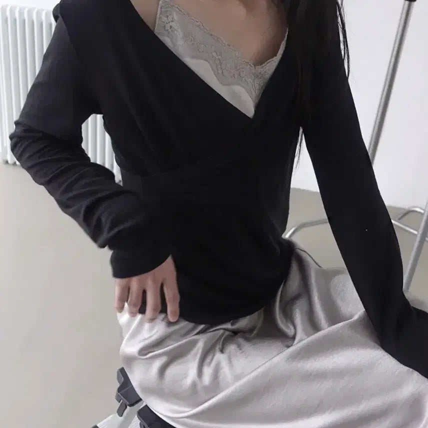 [BUNJANG] Morent Salomé Sheer Tencel Wrap Long Sleeve T-Shirt Black / 모렌트 샬로메 시스루 텐셀 랩 긴소매 티셔츠 블랙