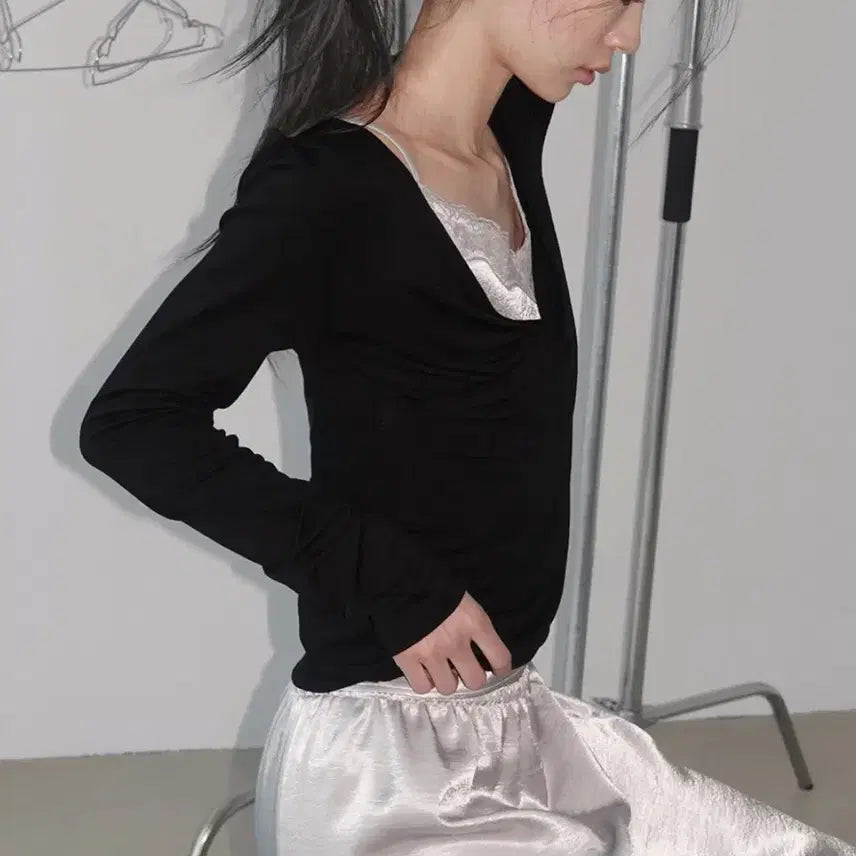 [BUNJANG] Morent Salomé Sheer Tencel Wrap Long Sleeve T-Shirt Black / 모렌트 샬로메 시스루 텐셀 랩 긴소매 티셔츠 블랙