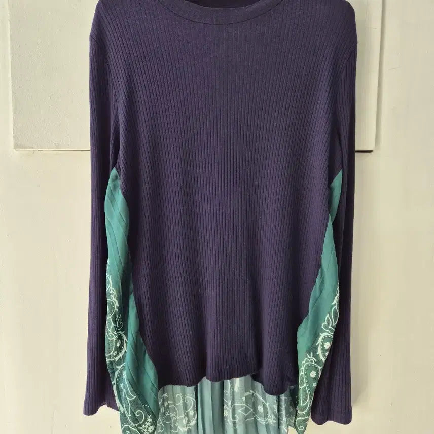 [BUNJANG] Sandro Navy Color Block Pleated Long Sleeve Blouse / 산드로 네이비 배색 플리츠 롱슬리브 브라우스