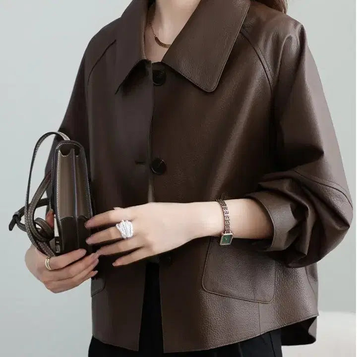 [BUNJANG] Brown Leather Cropped Jacket / 브라운 레더 크롭 자켓