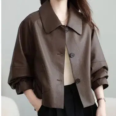 [BUNJANG] Brown Leather Cropped Jacket / 브라운 레더 크롭 자켓