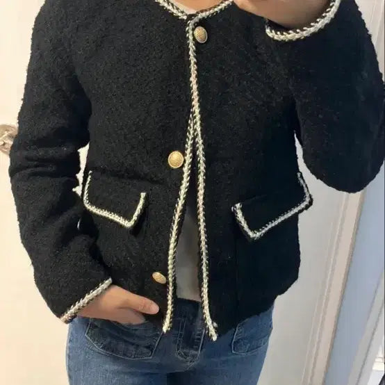 [BUNJANG] Single Color Block Tweed Jacket / 금장 노카라 싱글 배색트위드자켓