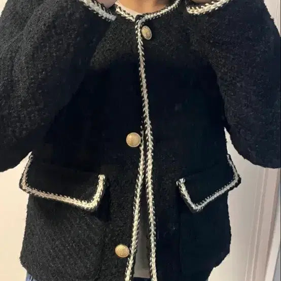 [BUNJANG] Single Color Block Tweed Jacket / 금장 노카라 싱글 배색트위드자켓