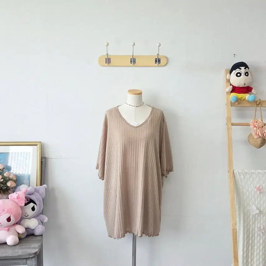 [BUNJANG] LADY Beige Oversized Pleated Ribbed T-Shirt / 빈티지 만원샵 LADY 베이지 오버핏 주름 골지티