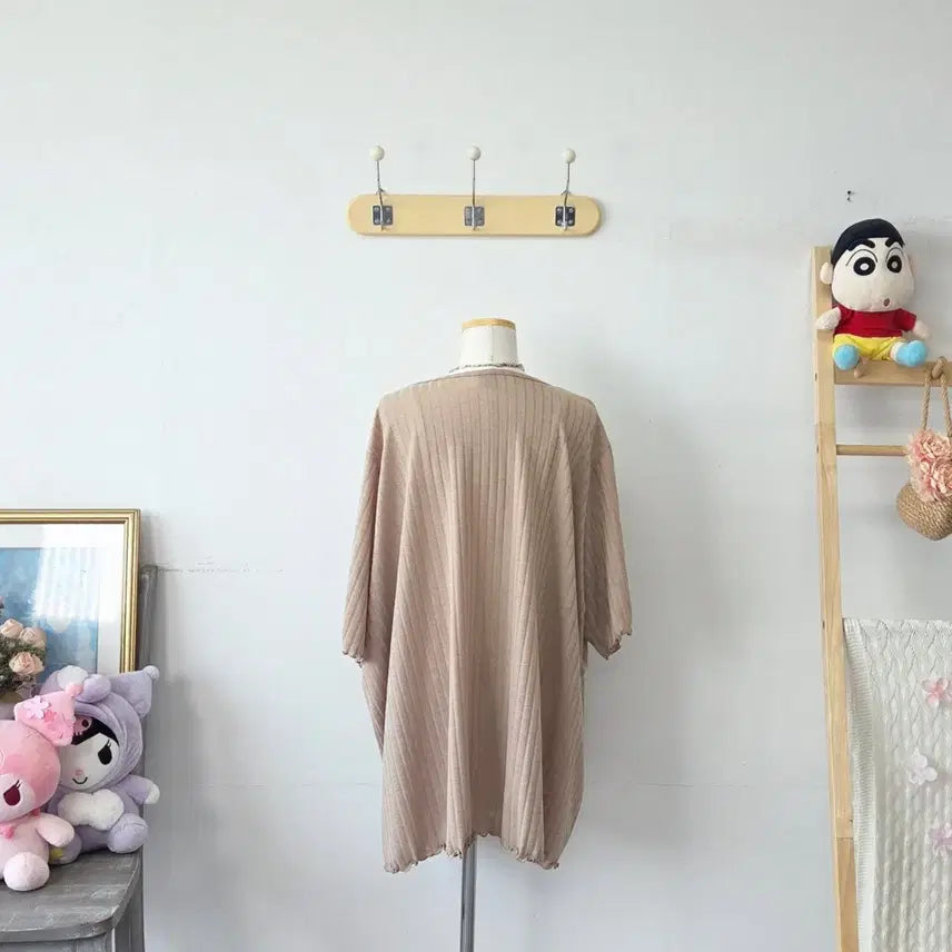 [BUNJANG] LADY Beige Oversized Pleated Ribbed T-Shirt / 빈티지 만원샵 LADY 베이지 오버핏 주름 골지티