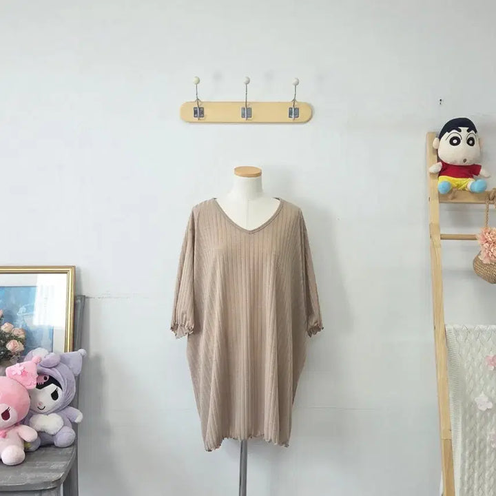 [BUNJANG] LADY Beige Oversized Pleated Ribbed T-Shirt / 빈티지 만원샵 LADY 베이지 오버핏 주름 골지티