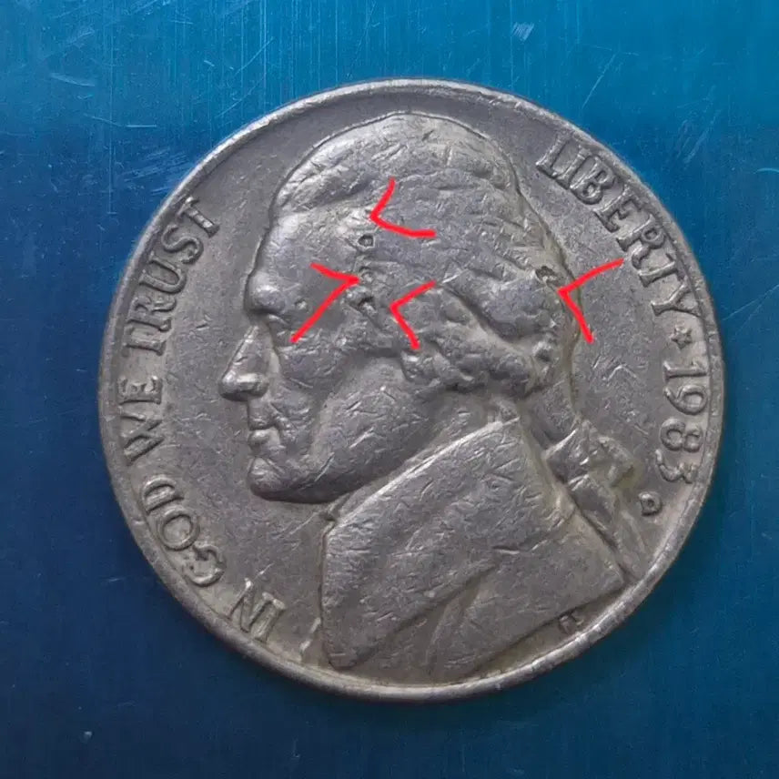 [BUNJANG] 1983 USA Nickel Jefferson 5 Cent Error Coin / 1983년 미국 니켈 Jefferson 5 Cent...에러주화