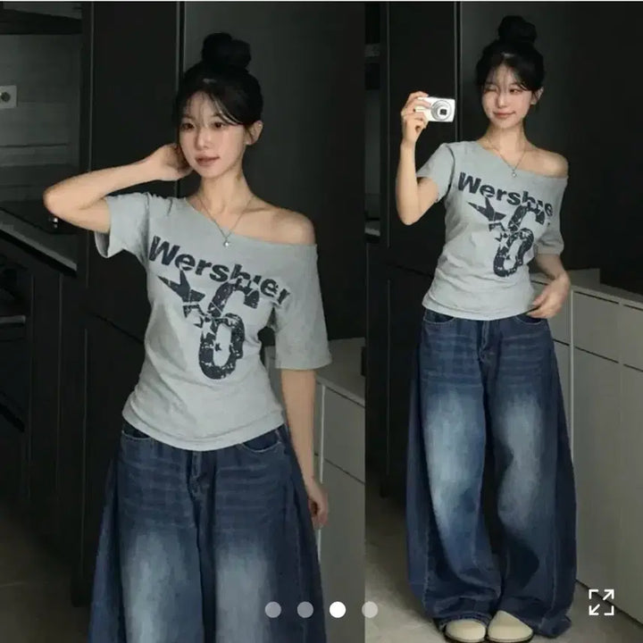 [BUNJANG] One-Shoulder Vintage Lettering T-Shirt / 원오프숄더 빈티지 레터링 반팔티 y2k 에이블리 힙 팔뚝살 그레이 회색