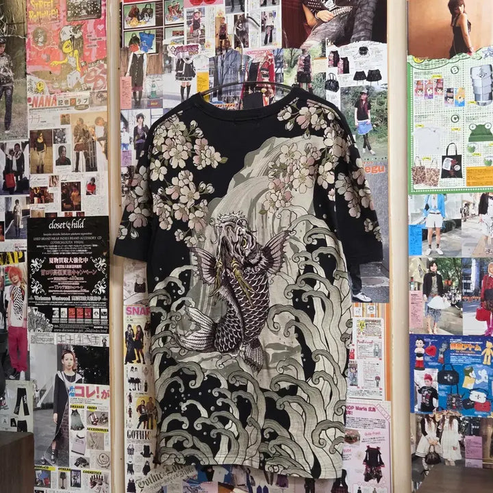 [BUNJANG] Japanese Oriental Carp Embroidered Short Sleeve T-Shirt / JPN 잉어 자수 오리엔탈 반팔