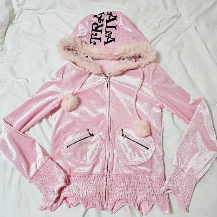 [BUNJANG] Tralla Pink Velvet Hoodie Jacket Vintage / 트라라 핑크벨벳 아우터 빈티지 라떼갸루