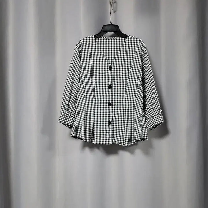 [BUNJANG] V-Neck 7/10 Sleeve Checkered Blouse / 브이넥 체크무늬 7부 블라우스