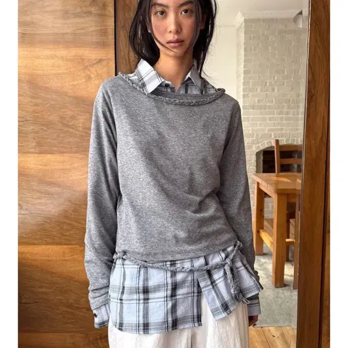 [BUNJANG] Diagonal Braid String Top - Mélange Gray (New) / 다이애그널 BRAID STRING TOP 새상품