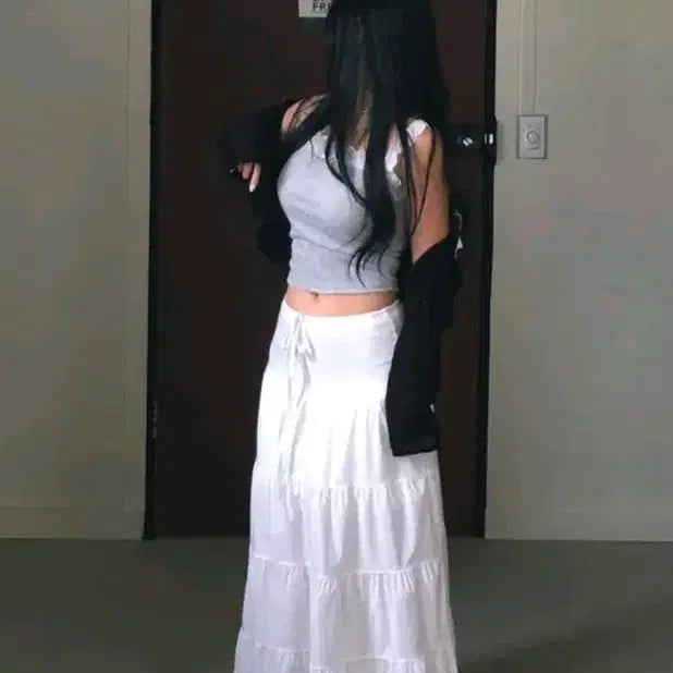 [BUNJANG] Ably Low-Banding High Waist White Layered Long Skirt / 에이블리 로우밴딩 하이 화이트 캉캉 롱 스커트 프릴 치마
