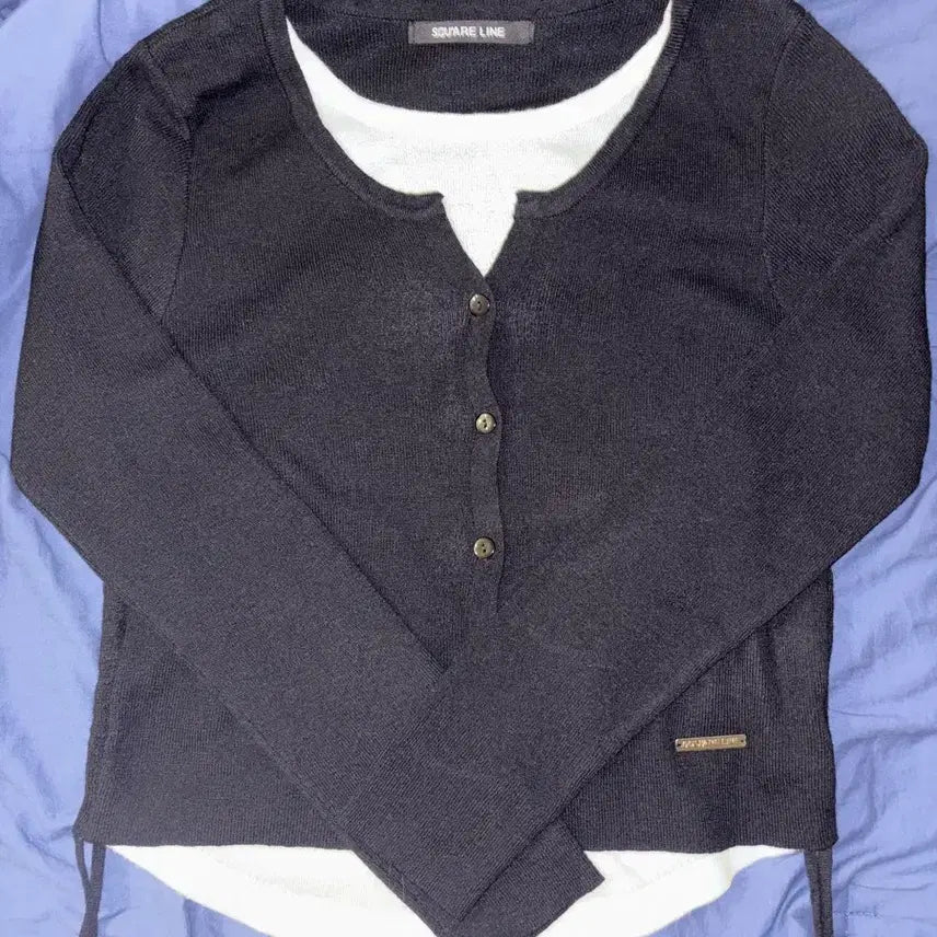 [BUNJANG] Square Neckline Fake Layered Cardigan Black / 스퀘어라인 fake layered 페이크 레이어드 가디건 블랙