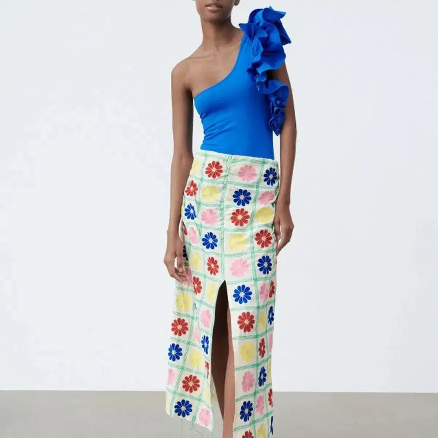 [BUNJANG] Zara Flower Embroidered Slit Midi Skirt XS / 자라 플라워 코튼자수 트임 롱스커트 XS