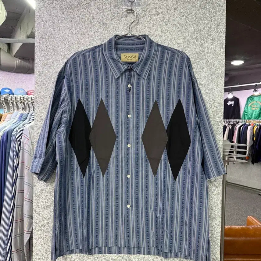 [BUNJANG] Argyle Pattern Striped Short Sleeve Shirt - Blue / 아가일 패턴 스트라이프 반팔 셔츠 블루 B4682
