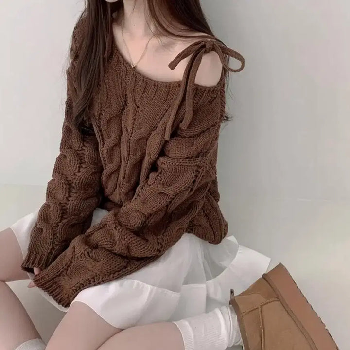 [BUNJANG] Ribbon Slit Cable Knit Off-Shoulder Top / 루즈핏 오프숄더 원숄더 리본 트임 꽈배기 니트 에이블리 지그재그