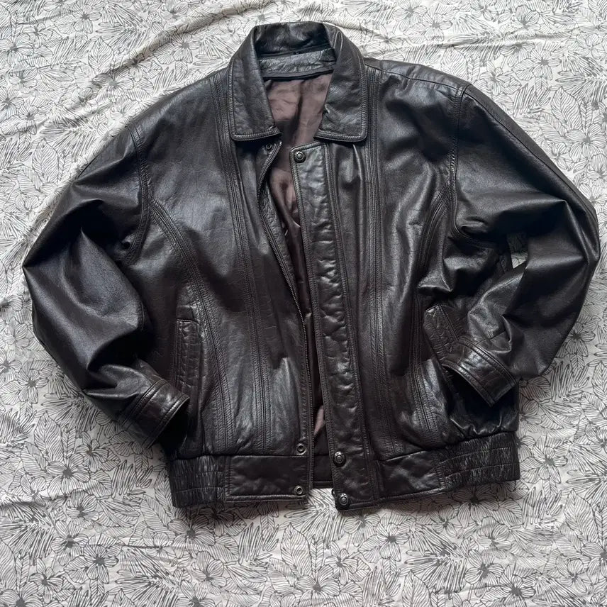 [BUNJANG] Vintage Cowhide Leather Bomber Jacket (Choco Brown) / 초코 브라운 봄버자켓 빈티지가죽 레더자켓 소가죽자켓 에이징가죽