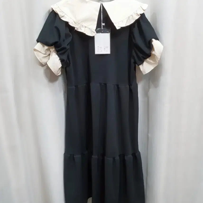 [BUNJANG] Black Big Collar Short Sleeve Long Dress with Frills / 검정색  빅카라 반팔 롱 원피스 프릴