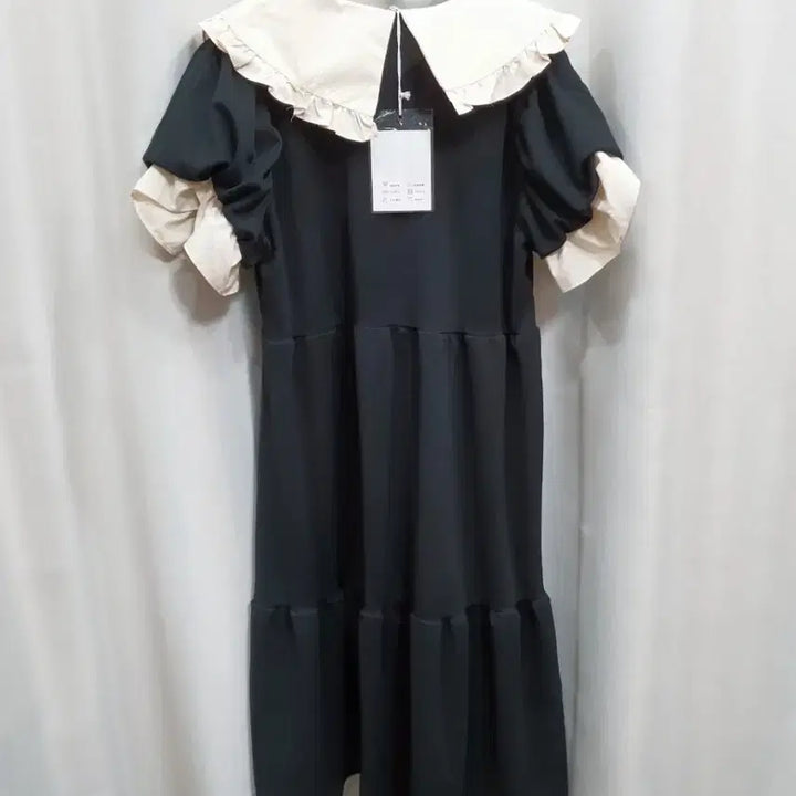 [BUNJANG] Black Big Collar Short Sleeve Long Dress with Frills / 검정색  빅카라 반팔 롱 원피스 프릴