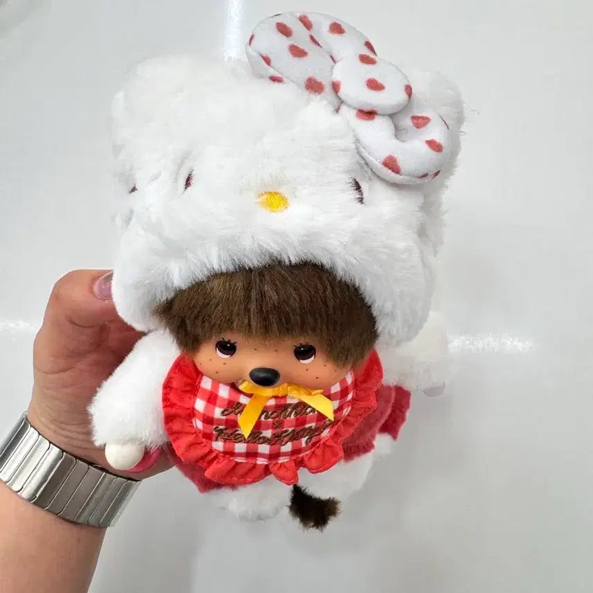[BUNJANG] Hello Kitty x Monchhichi Gingham Check Collaboration Plush Doll / 헬로키티 콜라보 깅엄체크 몬치치 인형