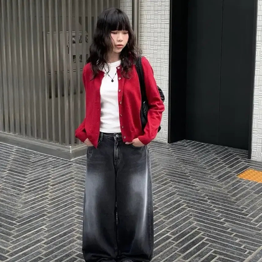 [BUNJANG] Anwone More Atti Basic Round Knit Cardigan Red / 애니원모어 아띠 베이직 라운드 니트 가디건 레드