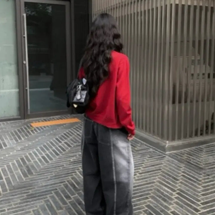 [BUNJANG] Anwone More Atti Basic Round Knit Cardigan Red / 애니원모어 아띠 베이직 라운드 니트 가디건 레드