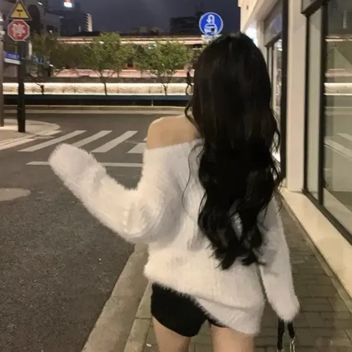 [BUNJANG] Angora Off-Shoulder Knit Mini Dress / 앙고라 오프숄더 니트 원피스