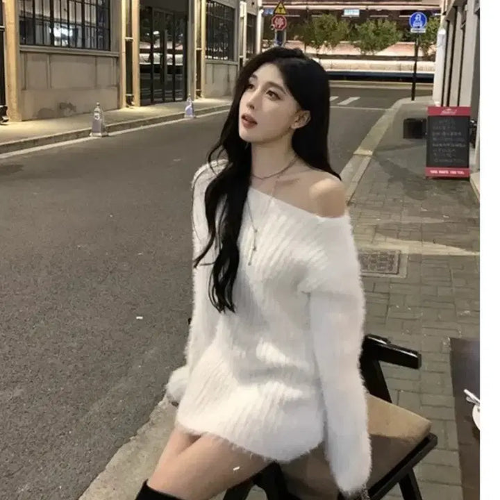 [BUNJANG] Angora Off-Shoulder Knit Mini Dress / 앙고라 오프숄더 니트 원피스