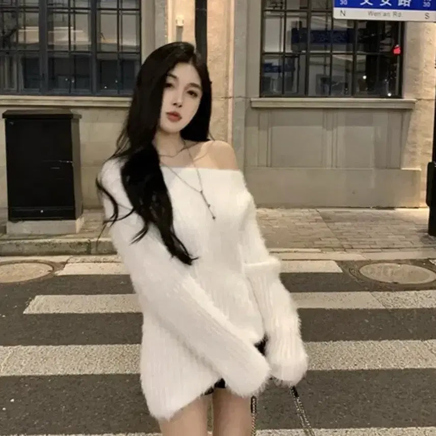 [BUNJANG] Angora Off-Shoulder Knit Mini Dress / 앙고라 오프숄더 니트 원피스