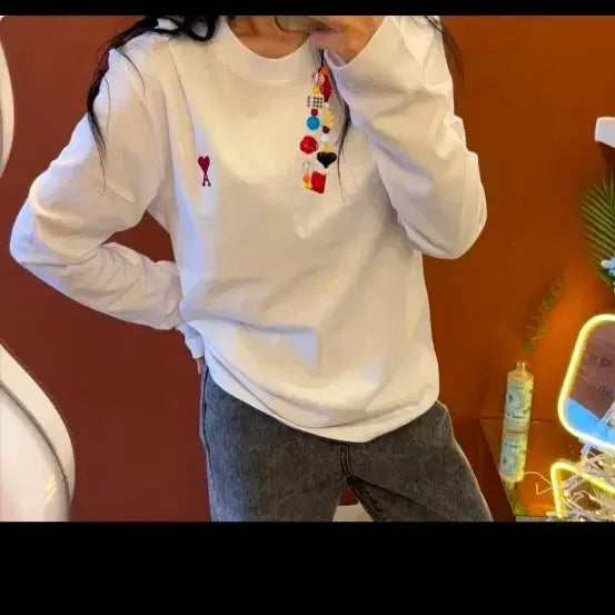 [BUNJANG] AMI Paris Small Heart Long Sleeve T-Shirt Black/White XL / 정품 아미 긴팔 슬리브 쭉티 블랙/화이트 XL