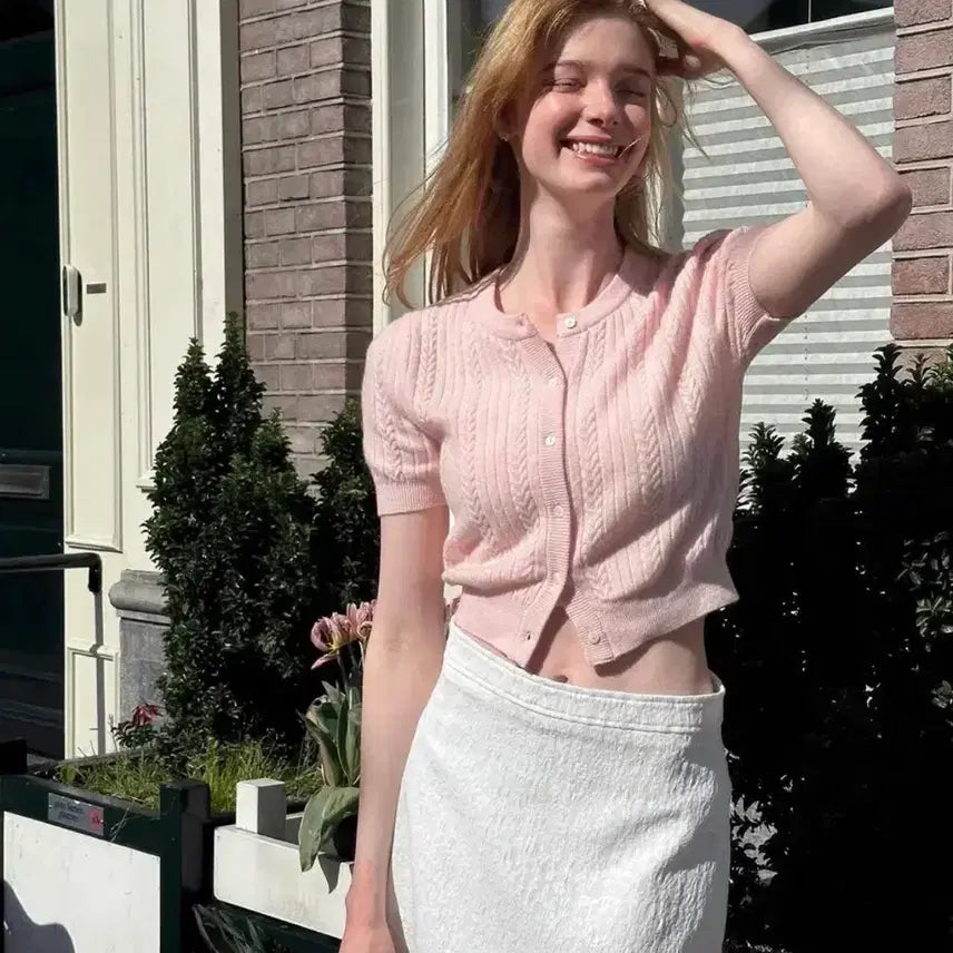 [BUNJANG] Archive J2U Essential Half Knit Cable Cardigan Rose Water / 아카이브제이투유 에센셜 하프 니트 케이블 가디건 로즈워터