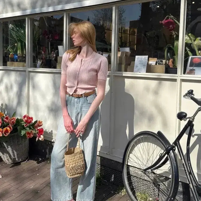 [BUNJANG] Archive J2U Essential Half Knit Cable Cardigan Rose Water / 아카이브제이투유 에센셜 하프 니트 케이블 가디건 로즈워터