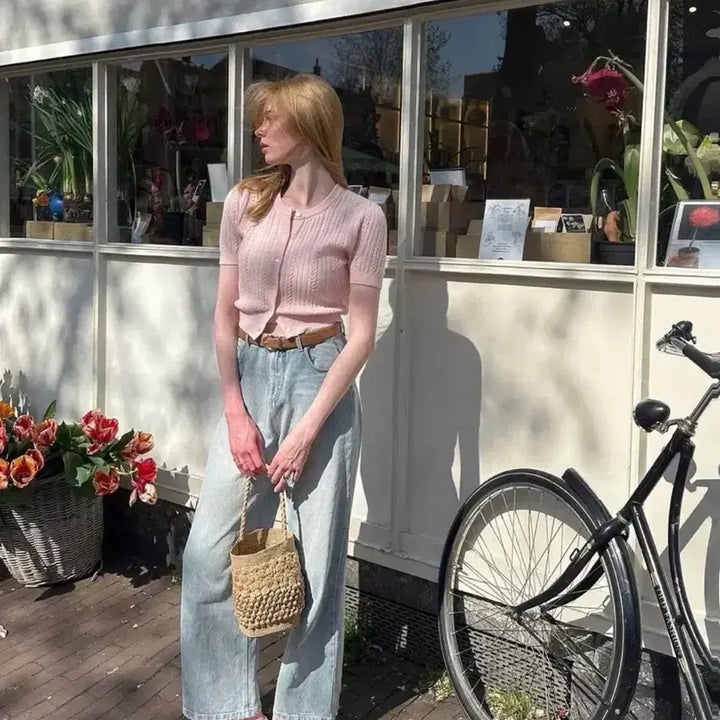 [BUNJANG] Archive J2U Essential Half Knit Cable Cardigan Rose Water / 아카이브제이투유 에센셜 하프 니트 케이블 가디건 로즈워터