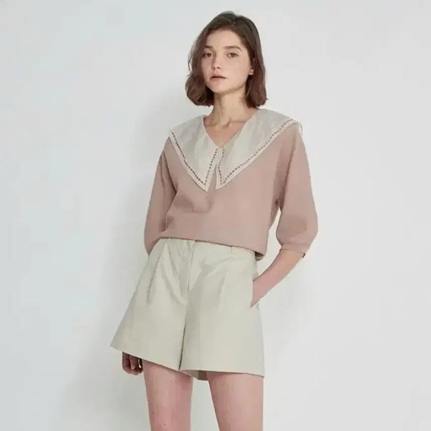 [BUNJANG] System Sailor Lace Big Collar Knit Short Sleeve / 22년 한섬 시스템 세일러 레이스 빅카라 니트 반팔5부여름퍼프핑크베이지