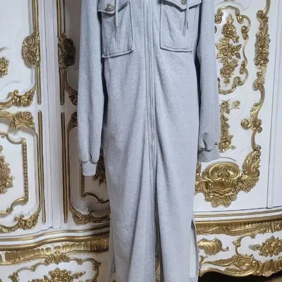 [BUNJANG] Hooded Long Zip-Up Coat Gray / 후드 롱 기모 집업 코트 회색