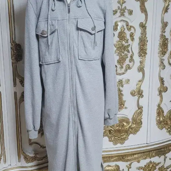 [BUNJANG] Hooded Long Zip-Up Coat Gray / 후드 롱 기모 집업 코트 회색