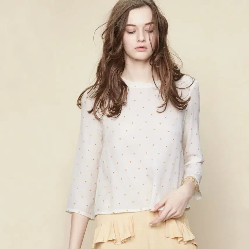 [BUNJANG] Maje Polka Dot Perforated Viscose Blouse - Ivory Long Sleeve / 마쥬 maje 도트 펀칭 블라우스 티셔츠아이보리인견8부9부여름쉬폰라운드넥