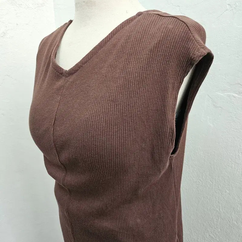 [BUNJANG] Vintage Brown Ribbed Knit V-Neck Maxi Dress / 원피스 여 66 J6235