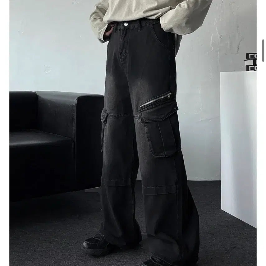[BUNJANG] Diagonal Zipper Cargo Wide Denim Pants / 사선 지퍼 카고 와이드 데님 팬츠