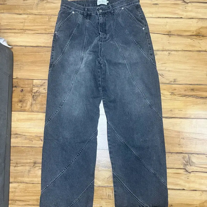 [BUNJANG] Black Wave Cut Wide Denim Pants / 블랙 웨이브 절개 데님 와이드 팬츠