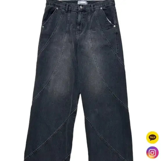 [BUNJANG] Black Wave Cut Wide Denim Pants / 블랙 웨이브 절개 데님 와이드 팬츠