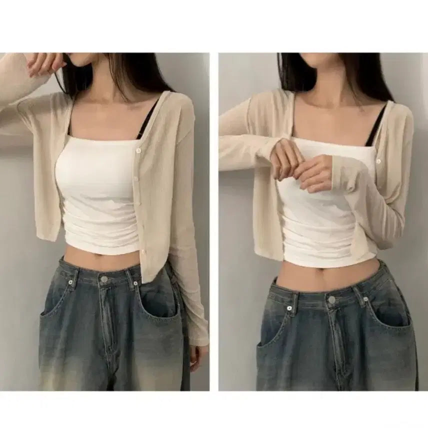 [BUNJANG] Isshoj Basic V-Neck Cropped Summer Cardigan / 에이블리 잇쇼j 시스루 메이지 베이직 브이넥 크롭 여름 가디건 살안타