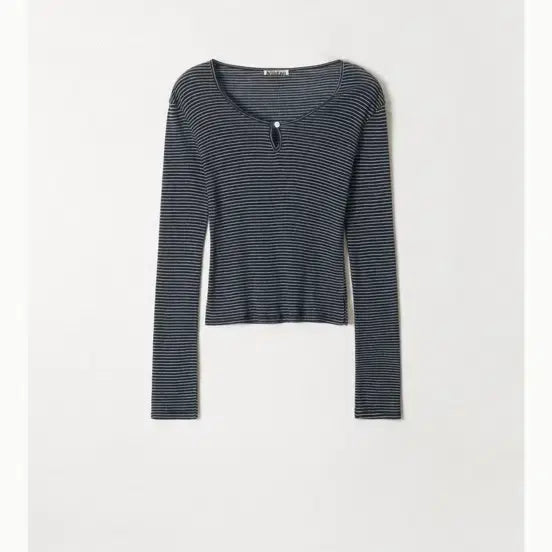 [BUNJANG] Abra-Mois Essential Button Detail Stripe T-Shirt Navy / 아비에무아 에센셜 버튼 디테일 스트라이프 티셔츠 네이비