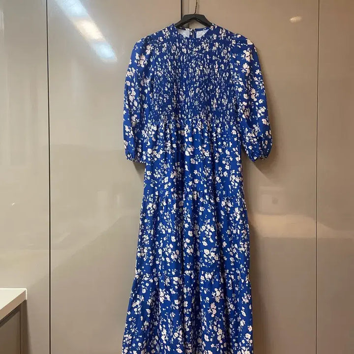 [BUNJANG] Flower Pattern Banding Shirring Long Dress / (새상품)8부 플라워 밴딩 셔링 롱 원피스 free