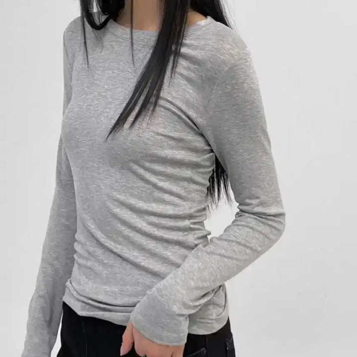 [BUNJANG] Black Up Basic Round Long Sleeve T-Shirt Grey / 블랙업 슈롯 베이직 라운드 긴팔티 그레이 라운드넥 티셔츠 긴팔