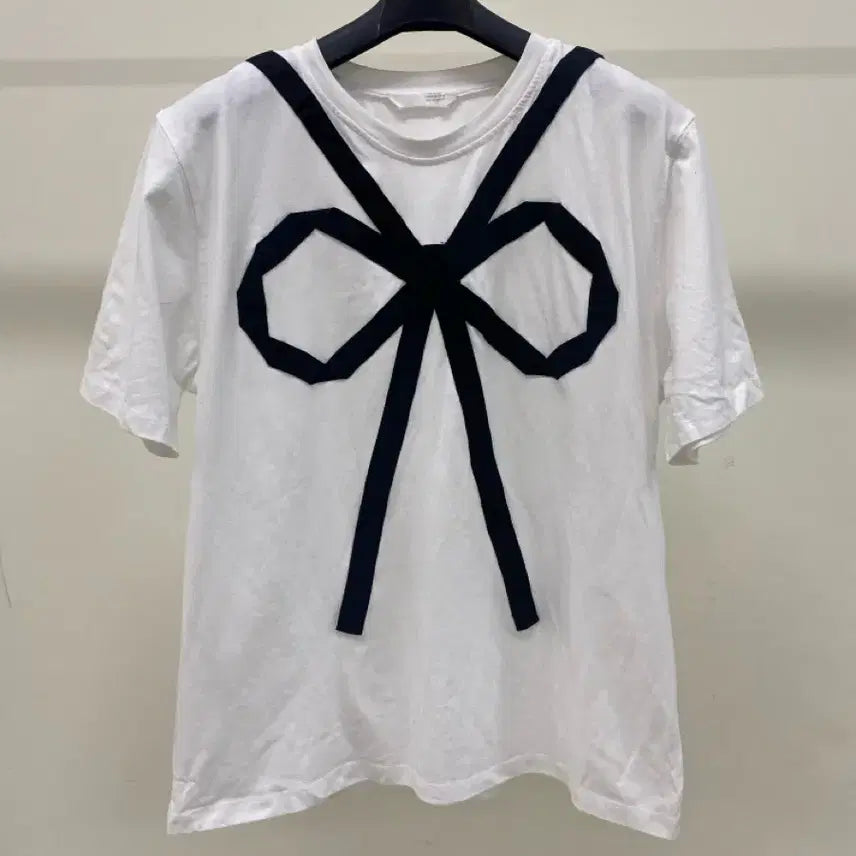 [BUNJANG] ZARA White Ribbon Short Sleeve T-Shirt M / [자라] 화이트 리본 반팔티 ( 49-59)