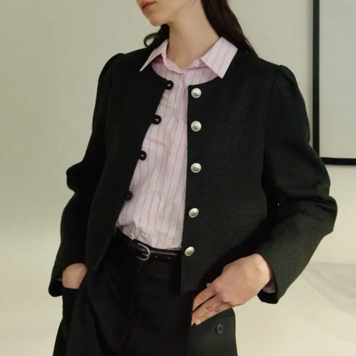 [BUNJANG] Edaul Lumi Shoulder Puff Tweed Jacket Black / 어다울/ Lumi shoulder puff tweed jacket 블랙