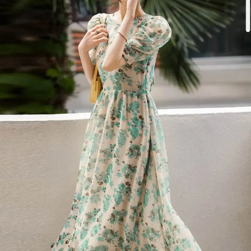 [BUNJANG] Blue Green Floral Pattern Summer Dress / 심플 블루그린 플라워 패턴